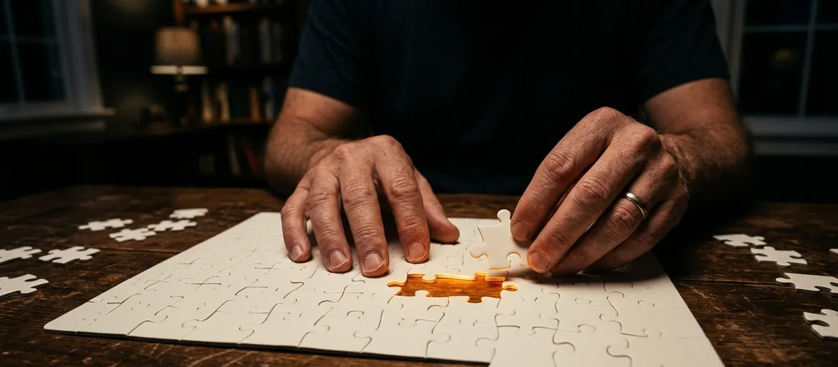 Mãos montando um quebra-cabeça onde a peça central faltando revela uma luz suave, simbolizando a elaboração do sofrimento e a construção de novos sentidos durante as sessões de terapia
