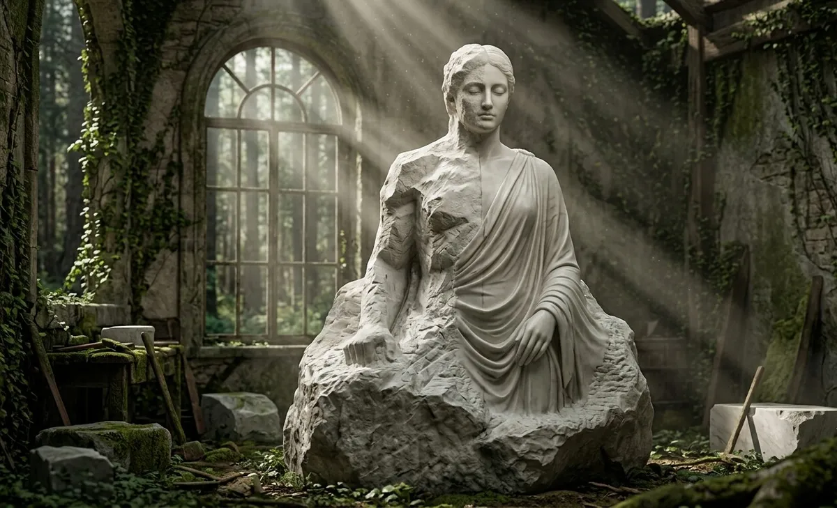 Uma escultura surrealista de uma figura humana surgindo de um bloco de mármore cru, com metade esculpida e a outra rústica, simbolizando a incompletude humana e a transformação contínua