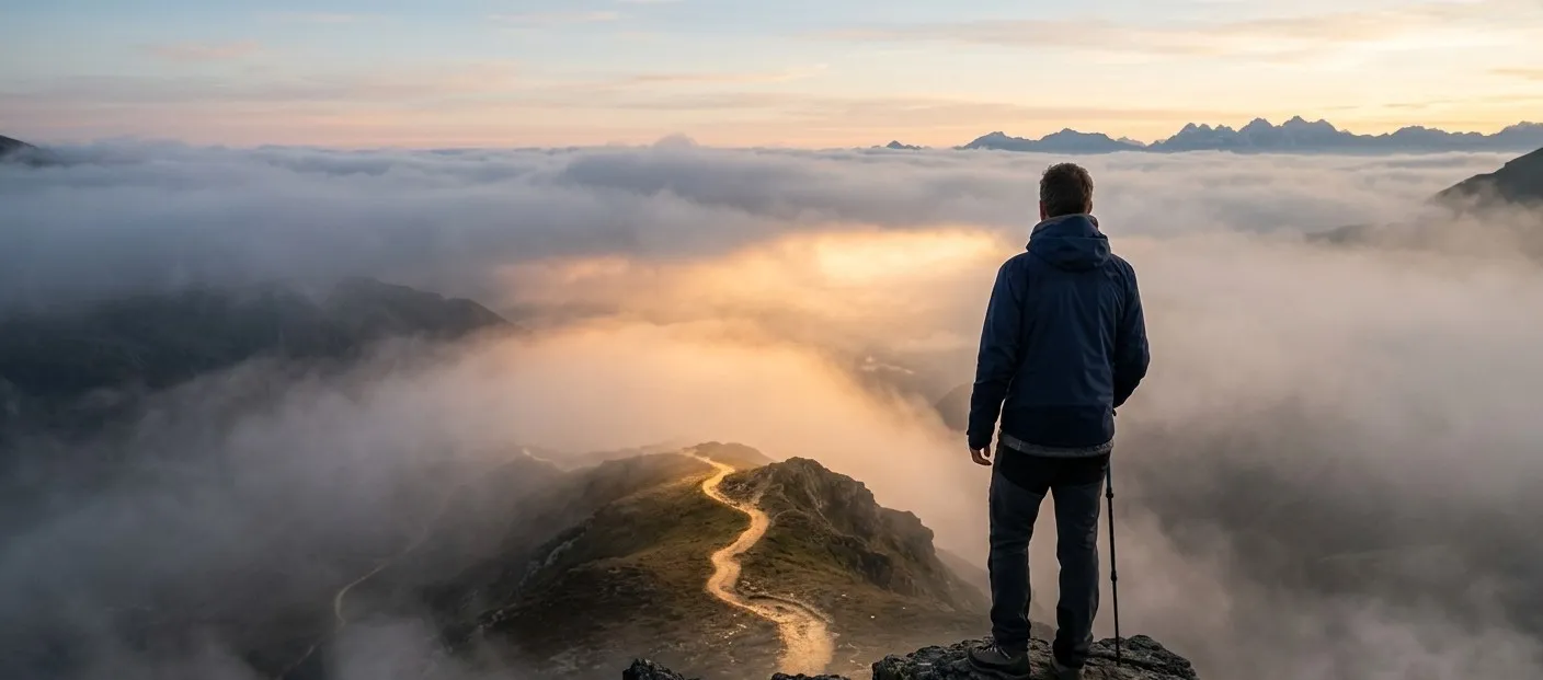 Pessoa no topo de uma montanha ao amanhecer olhando para um horizonte claro, simbolizando direção e propósito na vida.