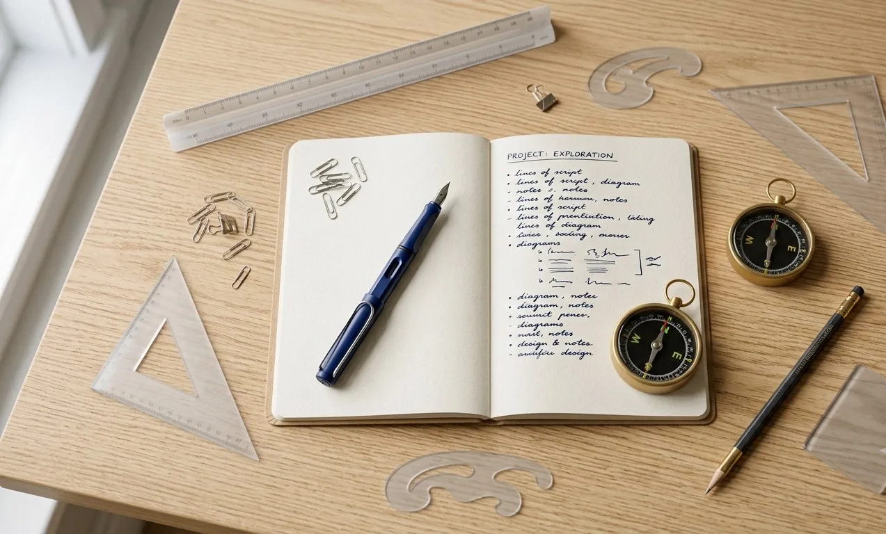 Visão superior de um caderno aberto com uma lista manuscrita, uma caneta e uma bússola, representando planejamento e definição de metas eficientes