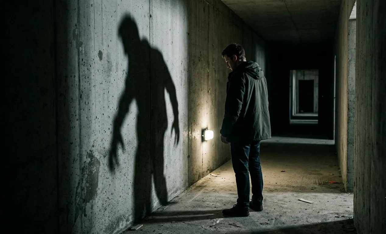 Fotografia conceitual de uma pessoa em um corredor escuro projetando uma sombra gigante e distorcida na parede, simbolizando o medo desproporcional e a fobia.