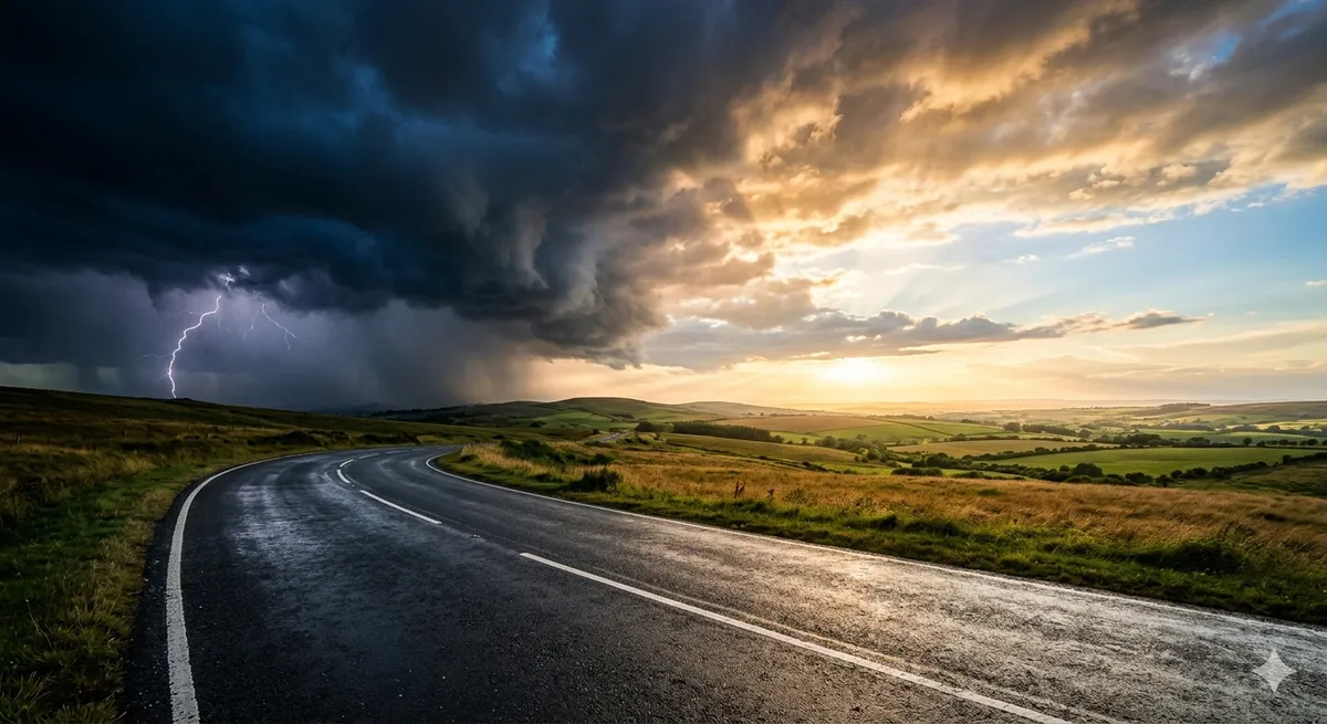 uma estrada saindo de uma tempestade em direção a um céu iluminado, simbolizando desenvolvimento emocional e mudança.